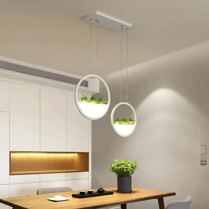 Decorbites round planter LED chandelier pendant lights, two frames with greenery on Tampa Home & Garden Store