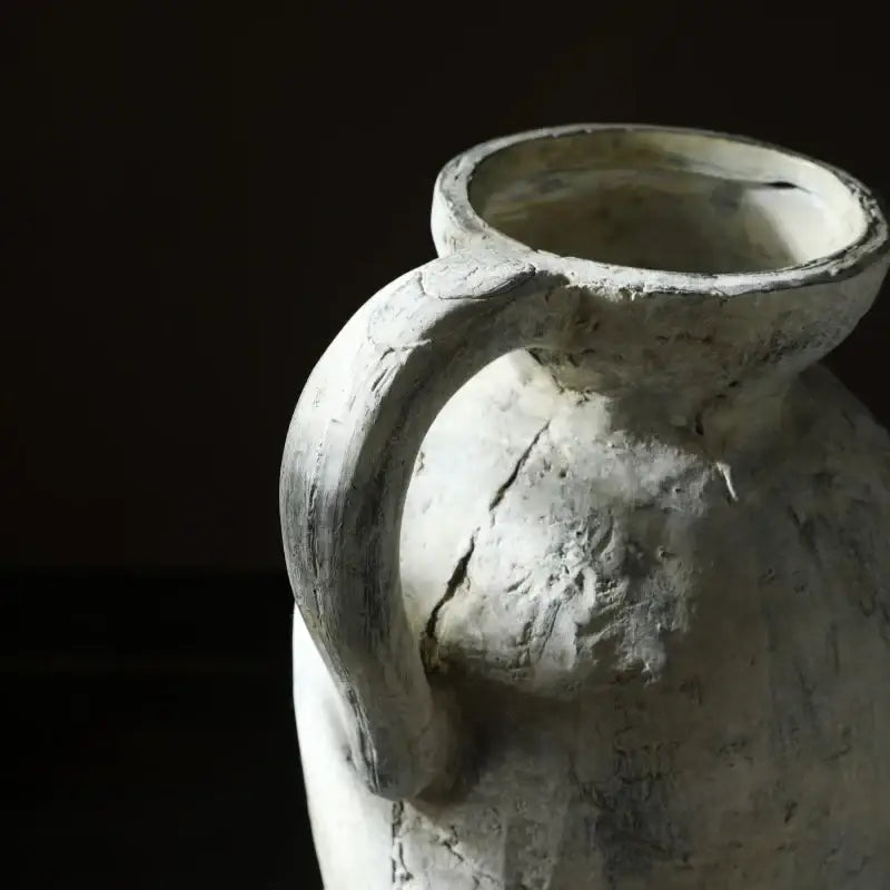 White ceramic pottery vase by Decorbites with chunky handle and rough crackled surface on Tampa Home & Garden Store