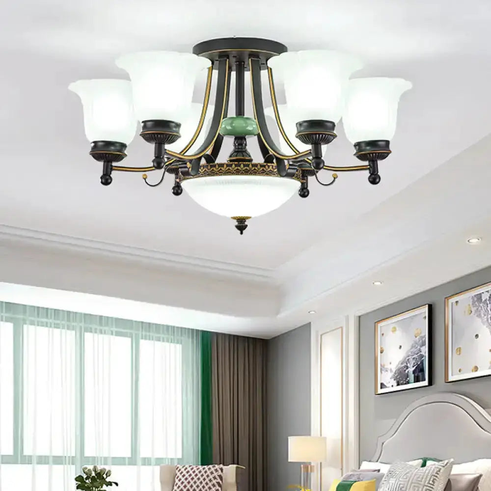 Six-light rustic black and gold glass flower ceiling light fixture for living room on Tampa Home & Garden Store