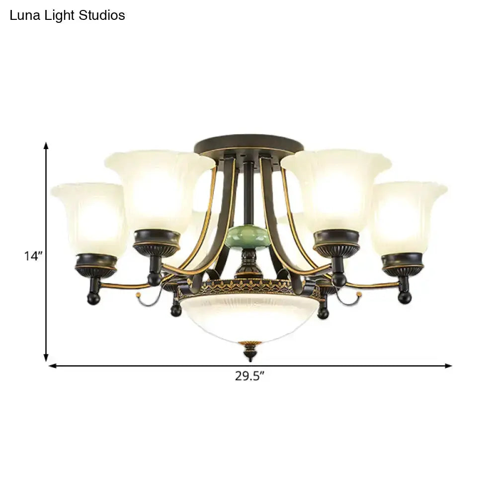 Chandelier with rustic black and gold metal frame and frosted glass flower shades Decorbites on Tampa Home & Garden Store
