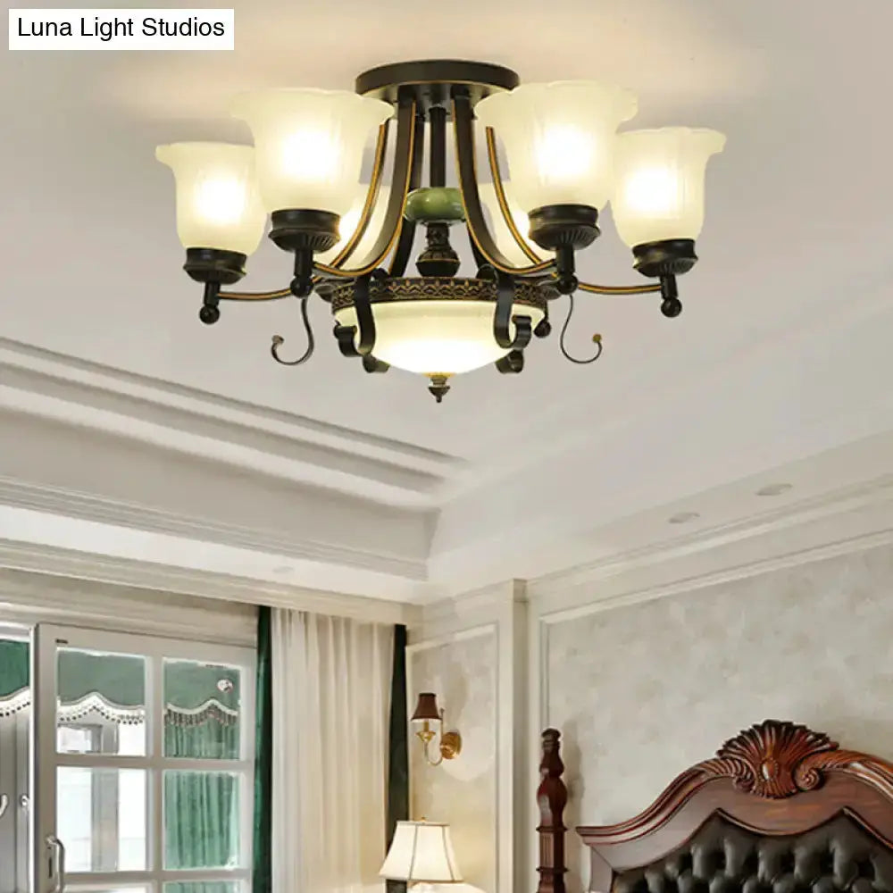 Rustic black & gold glass flower ceiling light fixture for living room with frosted glass shades on Tampa Home & Garden Store