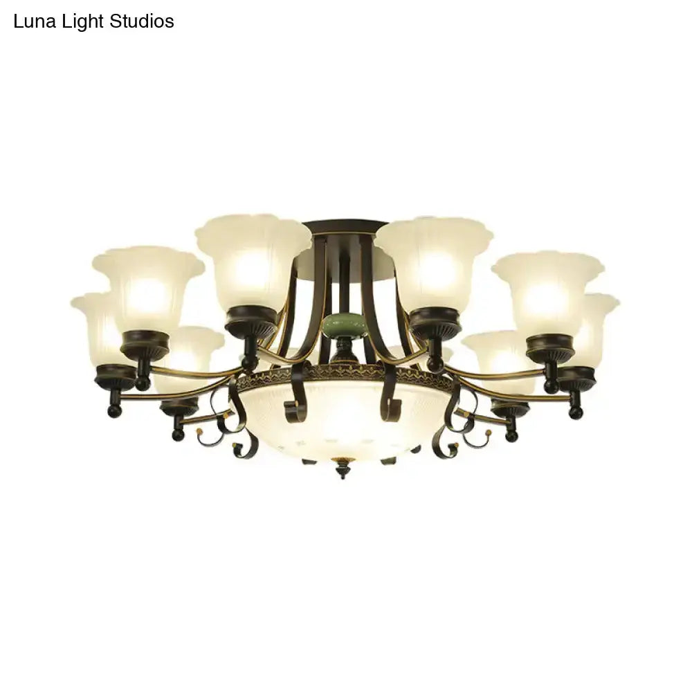 Rustic black and gold glass flower ceiling light fixture with eight frosted glass shades on Tampa Home & Garden Store