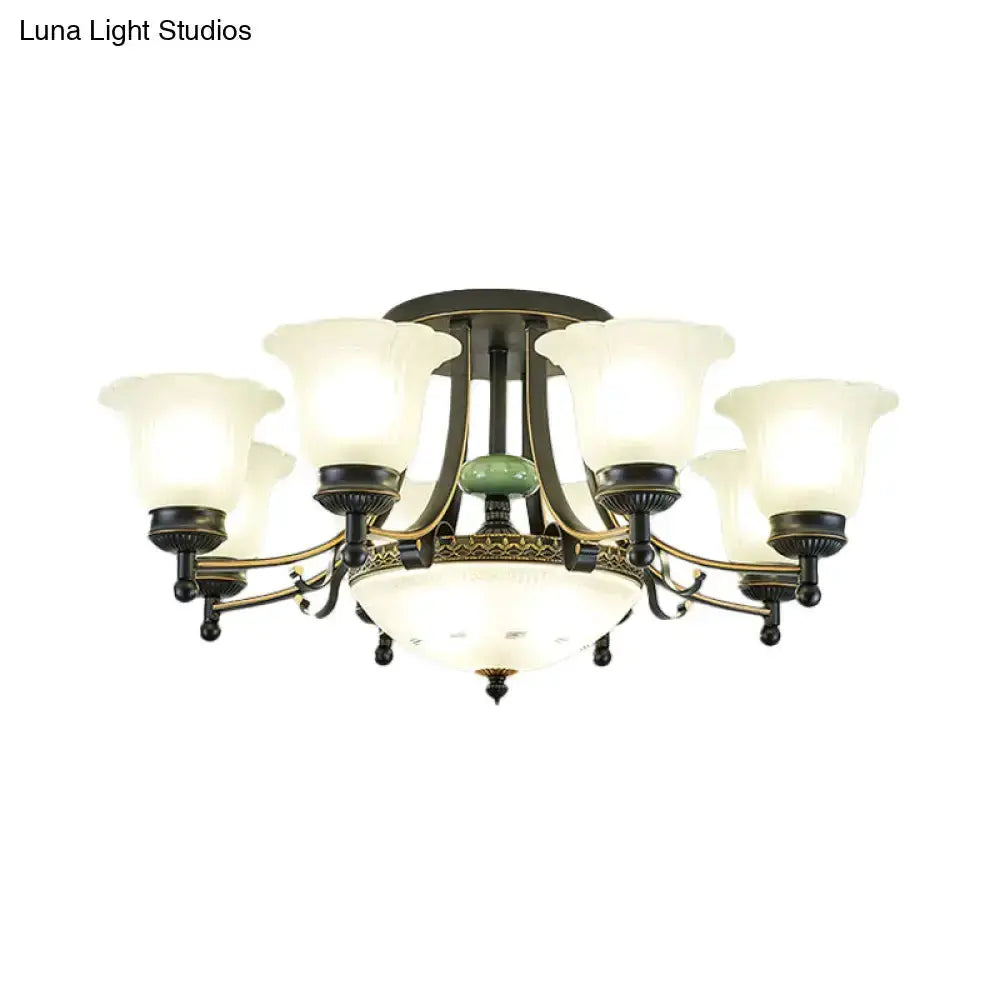 Chandelier-style ceiling light fixture with rustic black & gold glass flower shades Decorbites on Tampa Home & Garden Store
