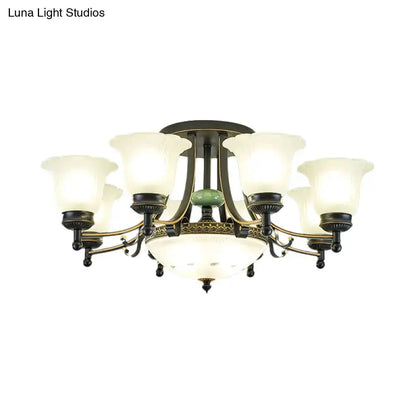 Chandelier-style ceiling light fixture with rustic black & gold glass flower shades Decorbites on Tampa Home & Garden Store
