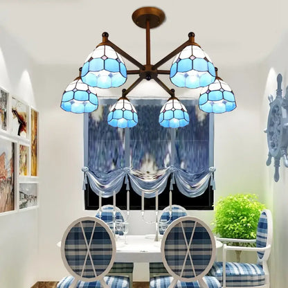 Amber Stained Glass Chandelier with six blue glass shades on dark wood arms on Tampa Home & Garden Store