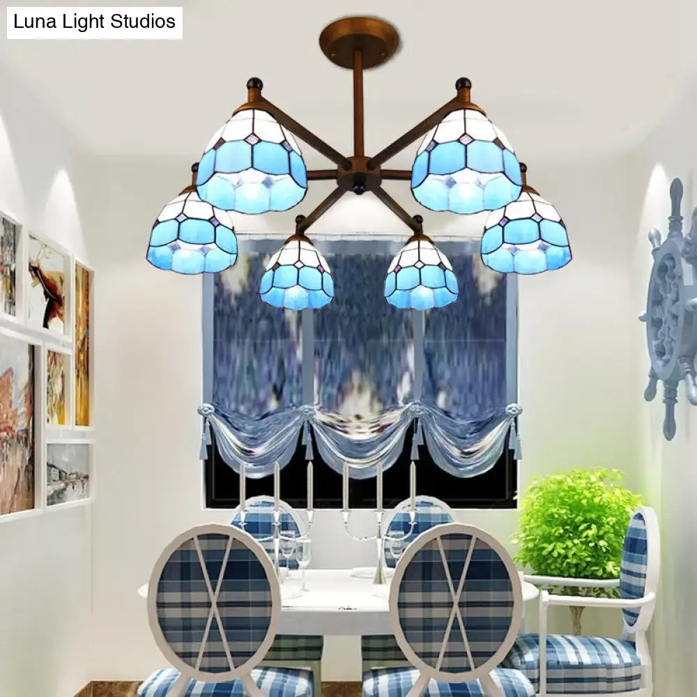 Amber stained glass chandelier with six Tiffany-style blue shades in dark bronze Decorbites on Tampa Home & Garden Store