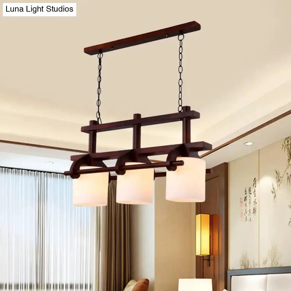 Rustic wood island light pendant with white glass shades, three-light fixture by Decorbites on Tampa Home & Garden Store