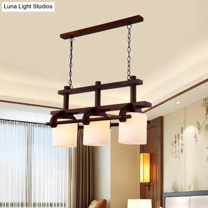 Rustic wood island light pendant with white glass shades, three-light fixture by Decorbites on Tampa Home & Garden Store