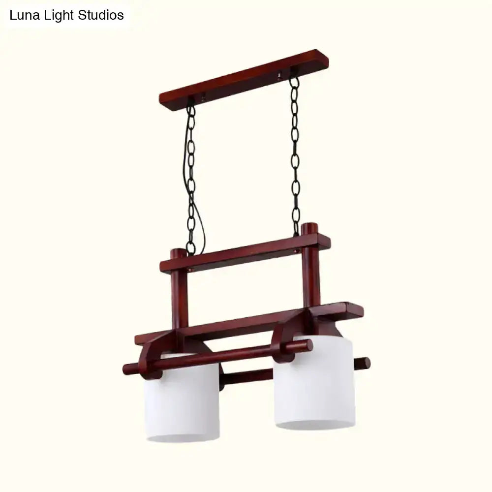 Rustic wood and white glass island light pendant by Decorbites with dual white cylindrical shades on Tampa Home & Garden Store