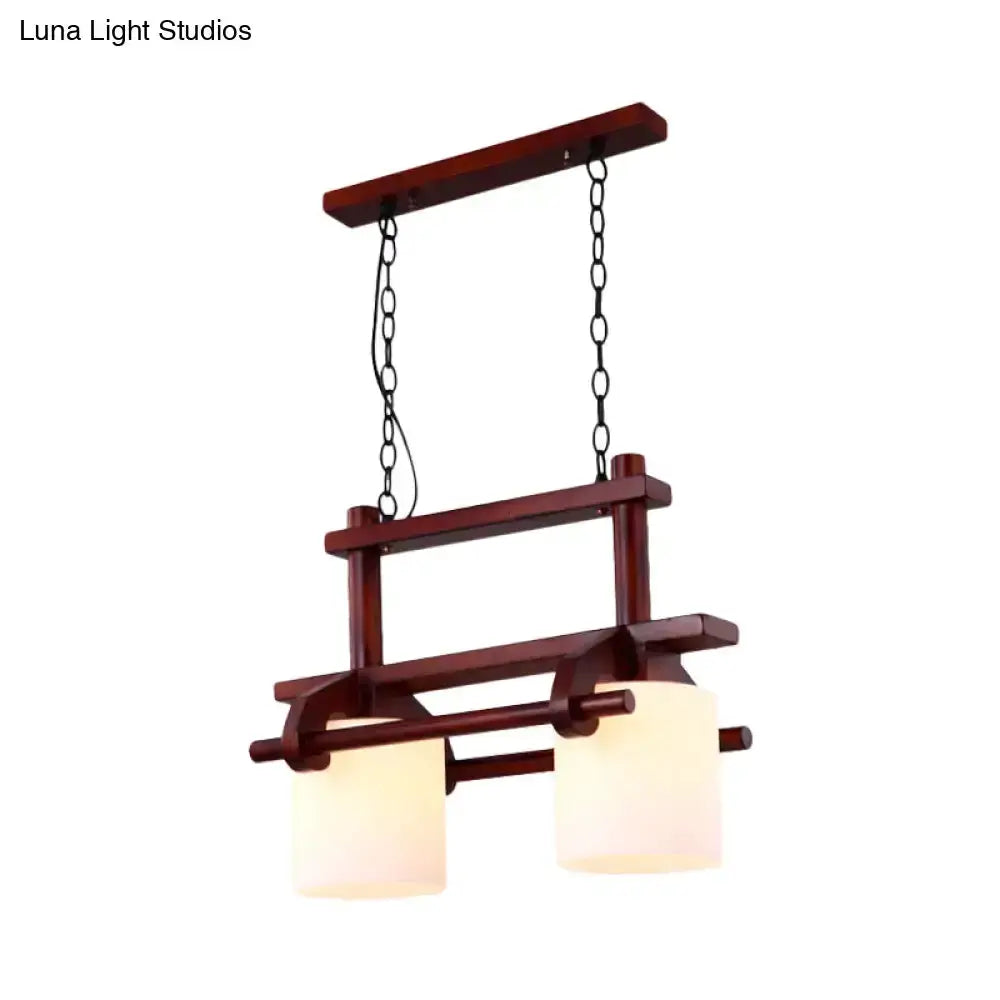 Rustic wood island pendant light with white glass shades for dining room on Tampa Home & Garden Store