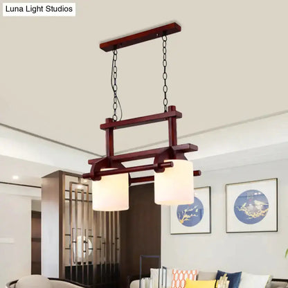 Rustic wood island pendant light with white glass shades, two-shade dining fixture by Decorbites on Tampa Home & Garden Store