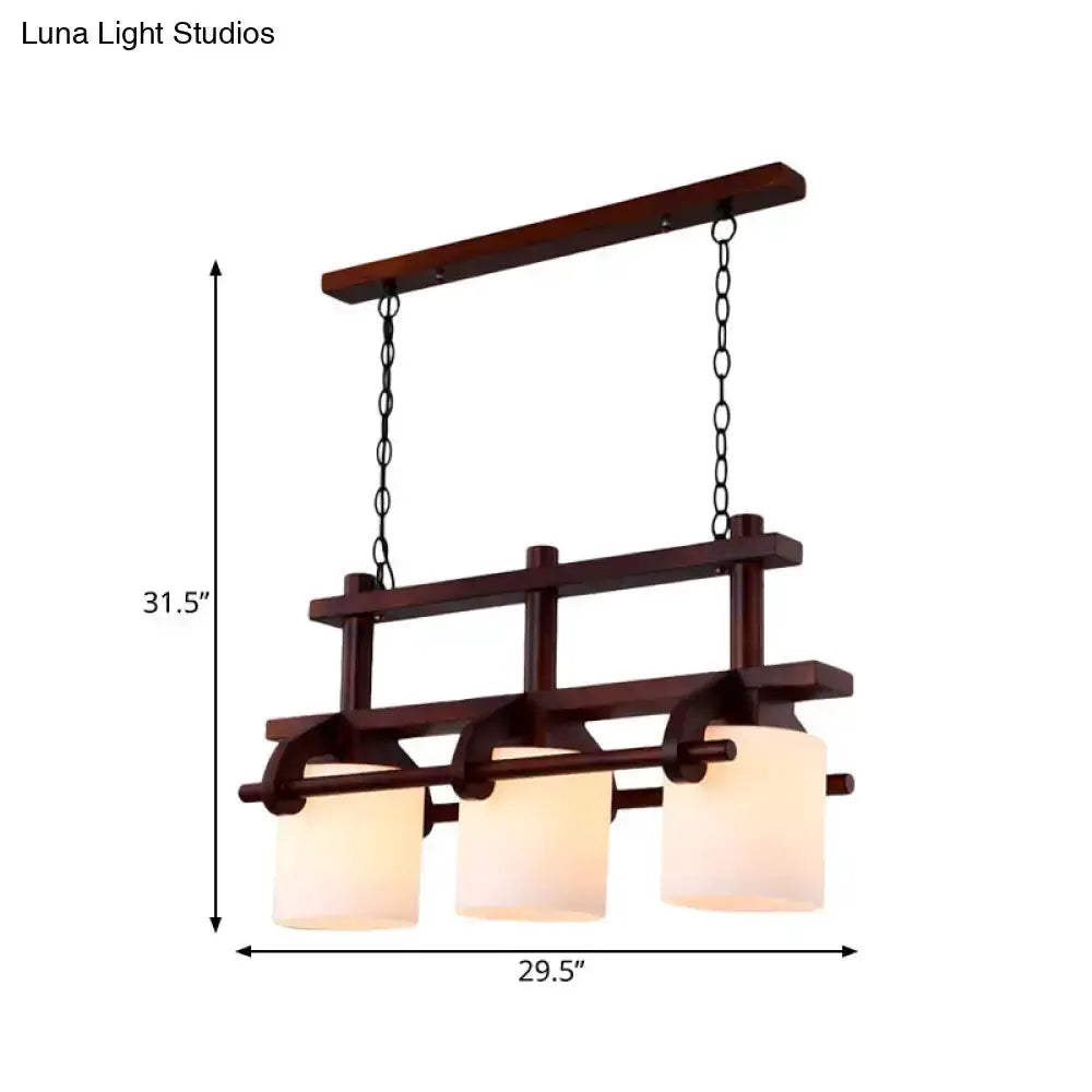 Rustic wood island light with four frosted white glass shades and dark finish on Tampa Home & Garden Store
