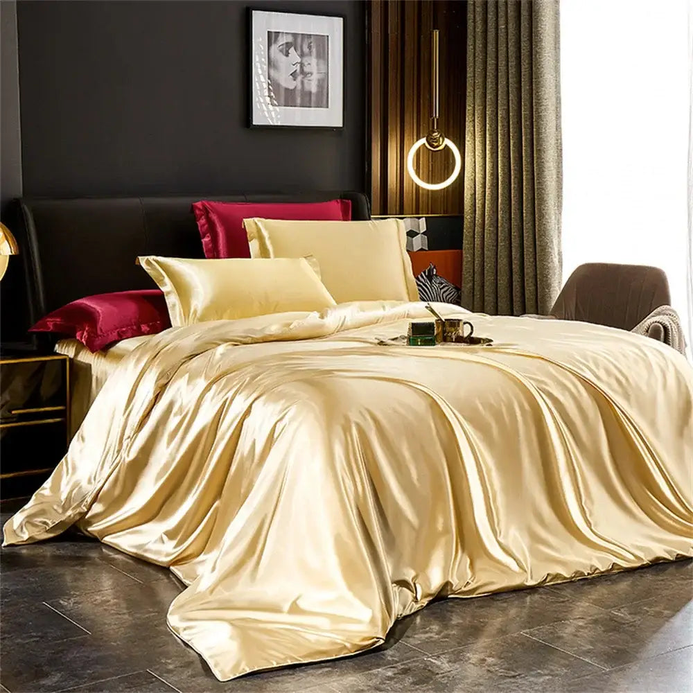 Blue Satin Silk Sheets and a Duvet Cover