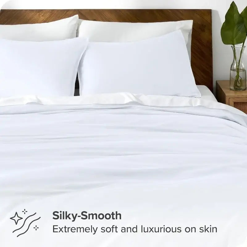 Decorbites Blue Satin Duvet Cover Set on a white bed with pillows, silky-smooth look on Tampa Home & Garden Store