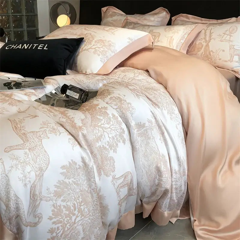 Blue Eucalyptus Duvet Cover by Decorbites on beige toile bed; Chanel pillow visible on Tampa Home & Garden Store