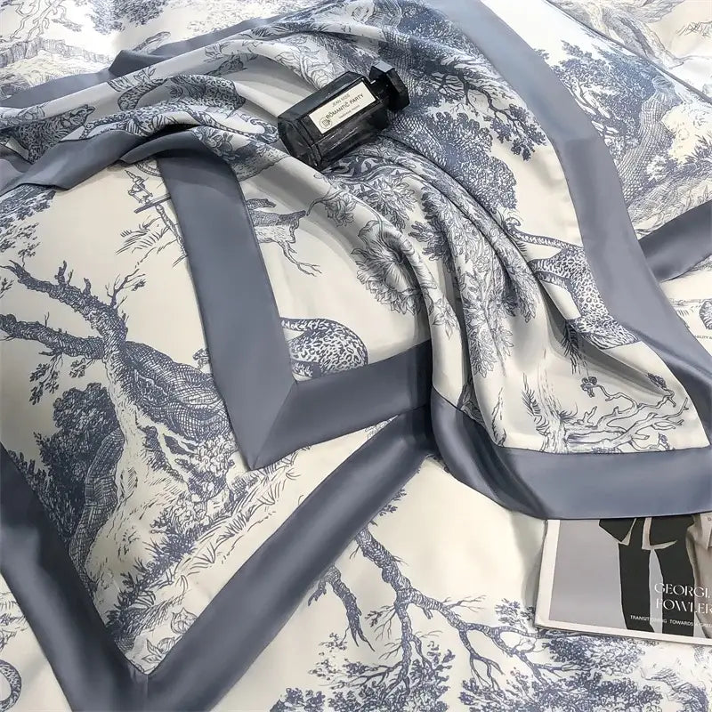 Blue Eucalyptus Duvet Cover by Decorbites, gray satin border with botanical print on ivory base on Tampa Home & Garden Store