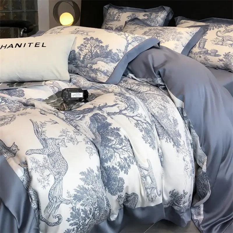 Blue eucalyptus duvet cover with toile print on white background on Tampa Home & Garden Store