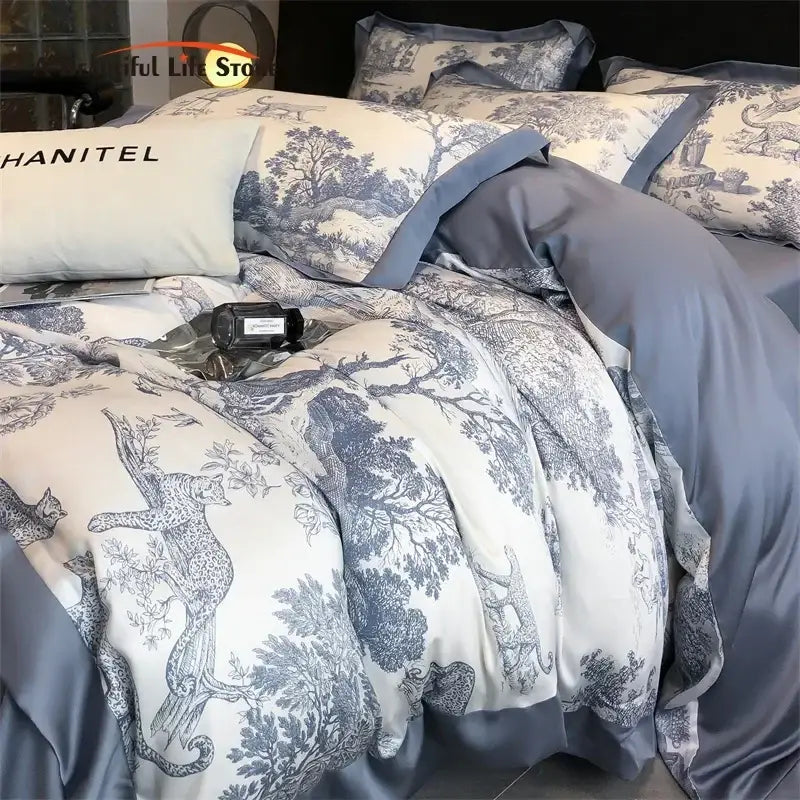 Decorbites Blue Eucalyptus Duvet Cover Set with blue toile print and pillow shams on Tampa Home & Garden Store