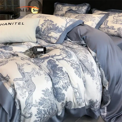 Decorbites Blue Eucalyptus Duvet Cover Set with blue toile print and pillow shams on Tampa Home & Garden Store