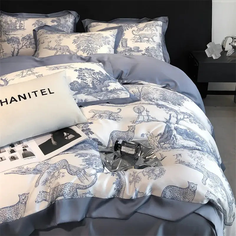 Blue Eucalyptus Duvet Cover by Decorbites, blue botanical print on white backdrop on Tampa Home & Garden Store