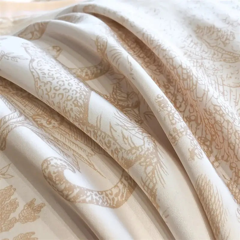 Blue Eucalyptus Duvet Cover by Decorbites, beige botanical pattern on white fabric on Tampa Home & Garden Store