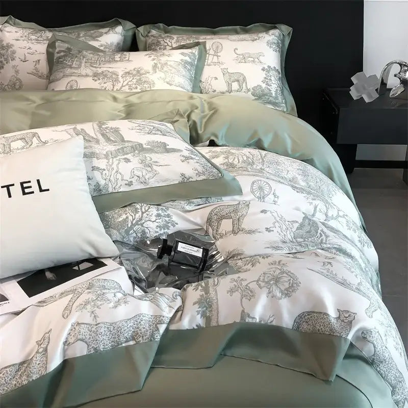 Blue Eucalyptus Duvet Cover by Decorbites with toile animal print on white and sage green on Tampa Home & Garden Store
