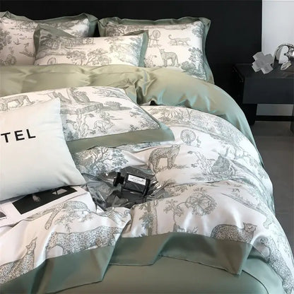 Blue Eucalyptus Duvet Cover by Decorbites with toile animal print on white and sage green on Tampa Home & Garden Store