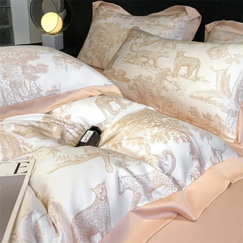 Blue Eucalyptus Duvet Cover by Decorbites, animal toile on white with peach trim, 2 shams on Tampa Home & Garden Store