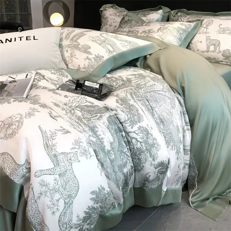Decorbites Blue Eucalyptus Duvet Cover set with light blue toile print on white pillow shams on Tampa Home & Garden Store