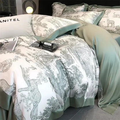 Decorbites Blue Eucalyptus Duvet Cover set with light blue toile print on white pillow shams on Tampa Home & Garden Store