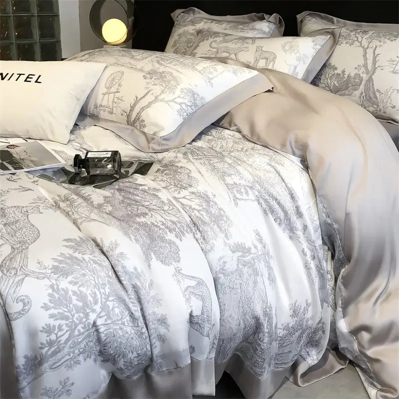 Blue Eucalyptus Duvet Cover by Decorbites in grey-blue nature print with matching pillow shams on Tampa Home & Garden Store