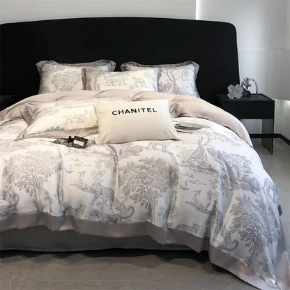 Blue Eucalyptus duvet cover by Decorbites on bed with gray toile print and CHANITEL pillow on Tampa Home & Garden Store