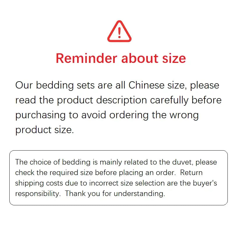 Blue Eucalyptus Duvet Cover Decorbites size reminder with red warning icon on white background on Tampa Home & Garden Store