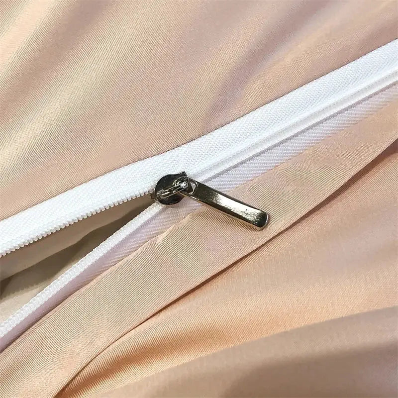 Blue Eucalyptus Duvet Cover closeup zipper on peach satin fabric on Tampa Home & Garden Store