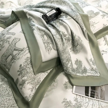 Blue Eucalyptus Duvet Cover by Decorbites with grey botanical print and sage-green satin border on Tampa Home & Garden Store