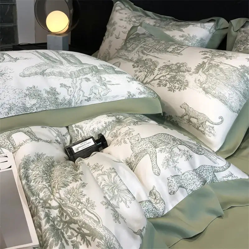 Blue Eucalyptus Duvet Cover by Decorbites with toile print and sage piping, pillow shams on Tampa Home & Garden Store