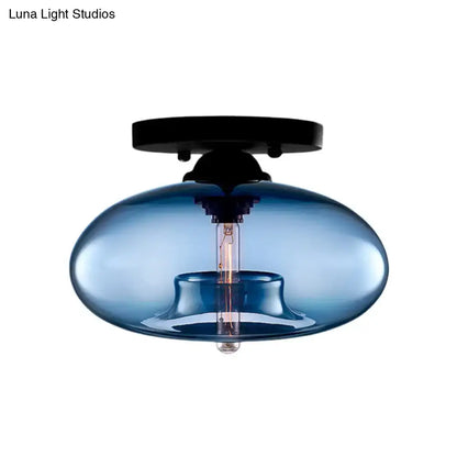 Glass oval flush mount light with blue glass dome and filament bulb Decorbites on Tampa Home & Garden Store