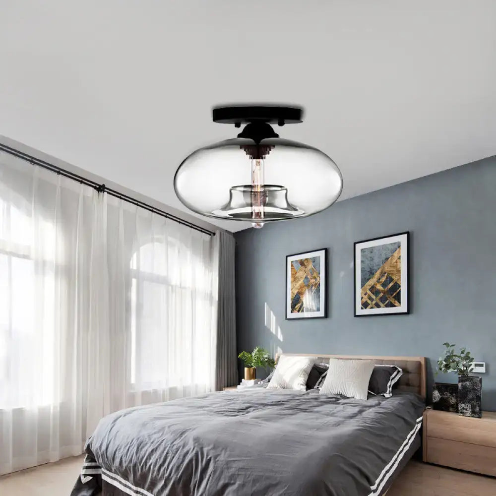 Glass oval flush mount ceiling light by Decorbites, clear glass with black in bedroom on Tampa Home & Garden Store