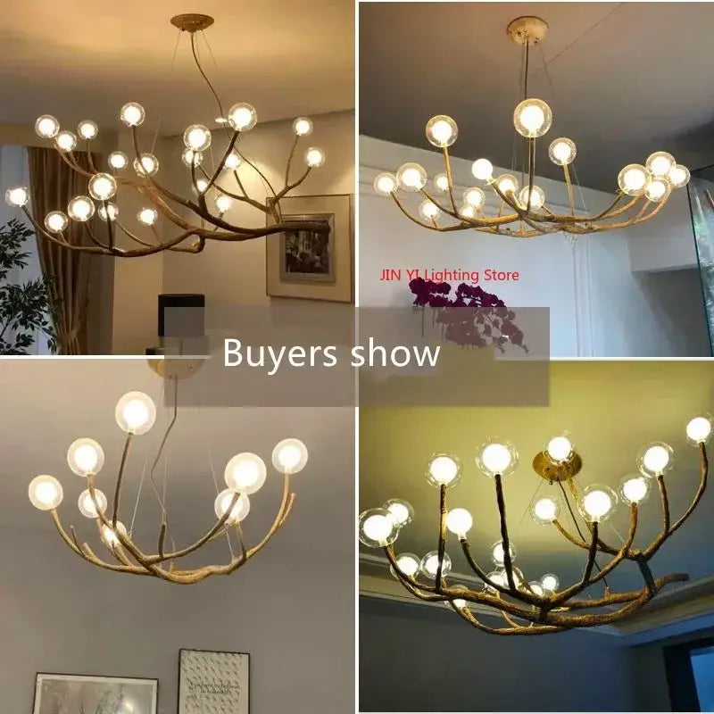 Chandelier Decorbites golden iron tree-branch bubble bulbs, four-view dining room display on Tampa Home & Garden Store