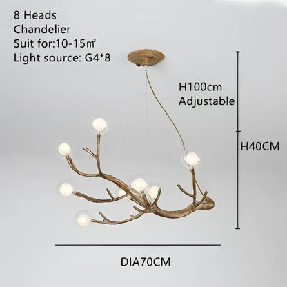 Golden iron tree-branch chandelier with 8 globe bulbs by Decorbites, 70 cm, adjustable height on Tampa Home & Garden Store