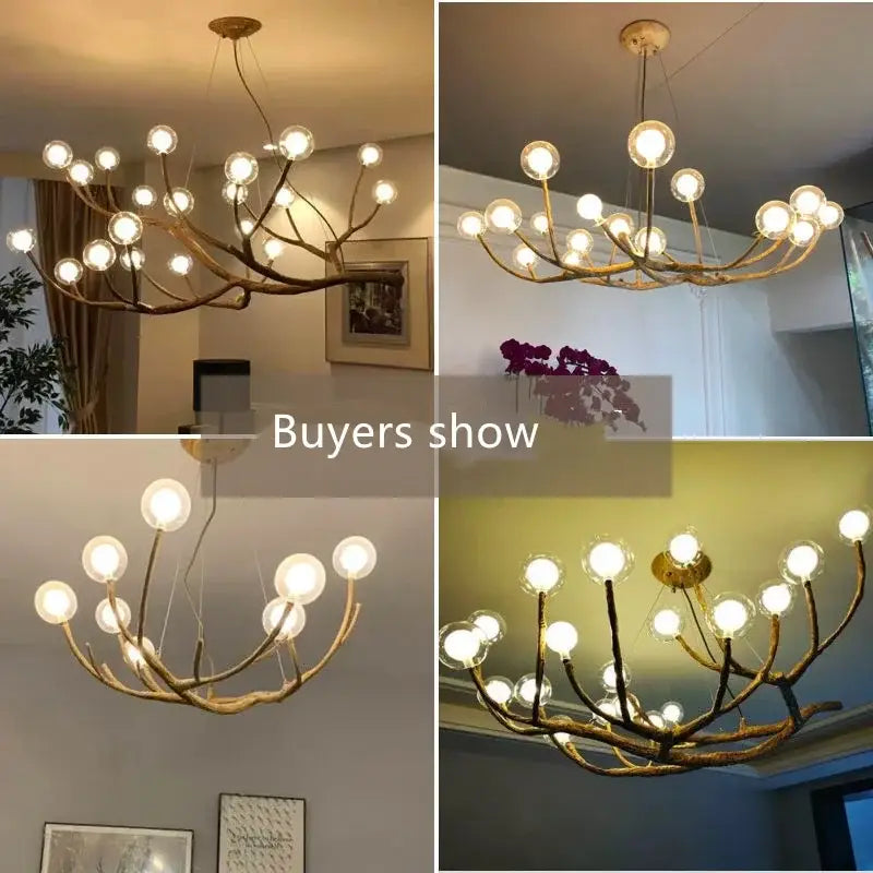 Golden iron tree-branch bubble chandelier for dining room by Decorbites with globe bulbs on Tampa Home & Garden Store