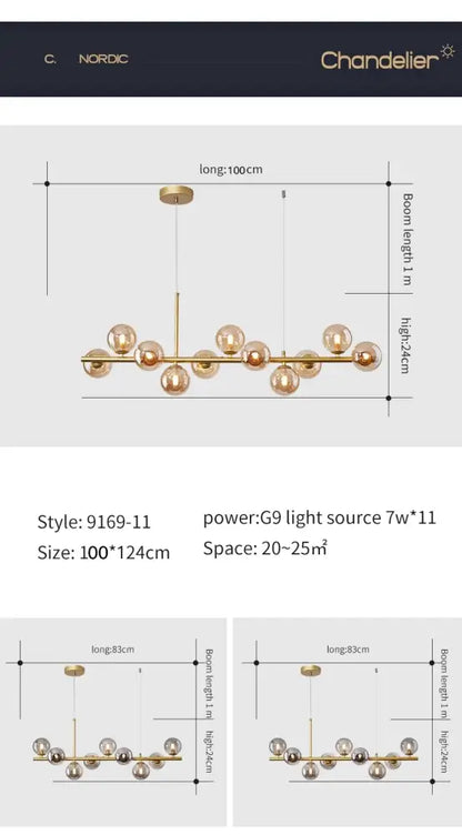 Black Glass Ball Chandelier by Decorbites with brass finish and 11 glass globes, linear light on Tampa Home & Garden Store