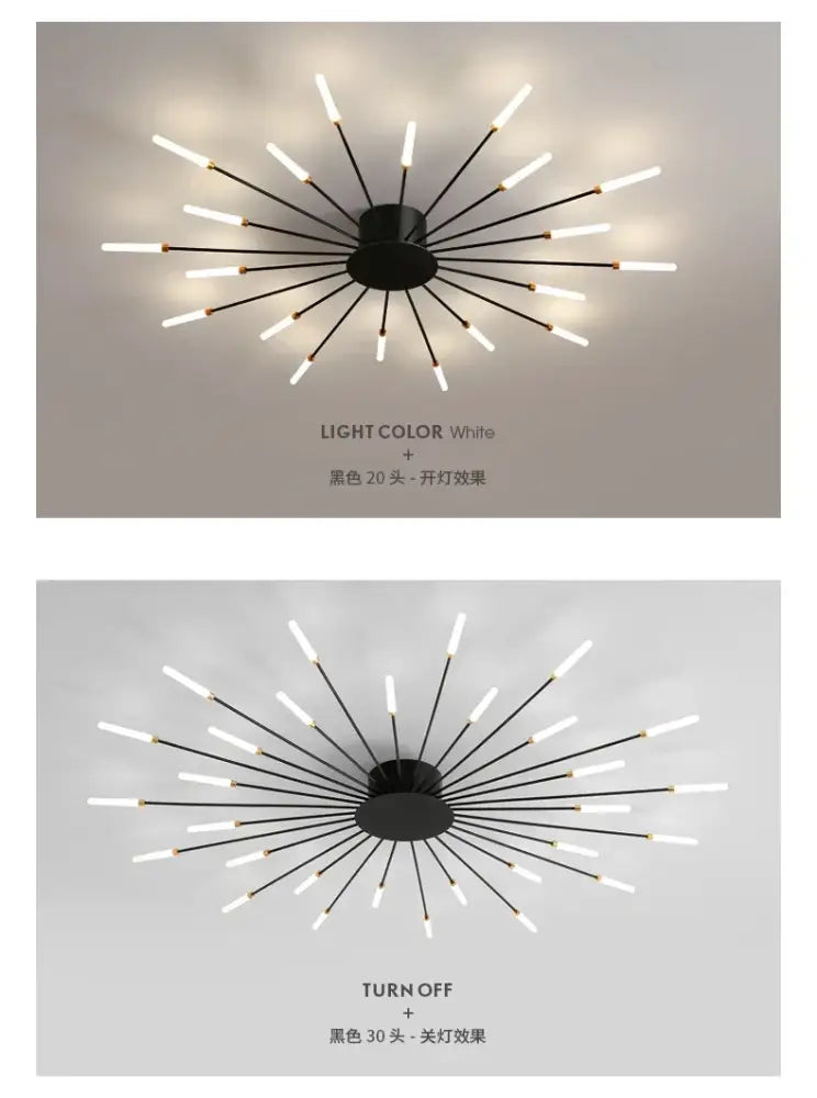 Gold Nordic LED Ceiling Light by Decorbites, starburst black metal with white LEDs, 20–30 rays on Tampa Home & Garden Store