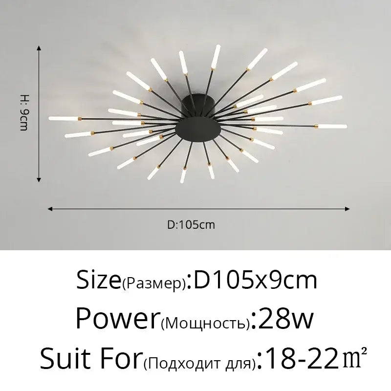 Gold Nordic LED Ceiling Light flush mount starburst fixture with black center and white LED rods on Tampa Home & Garden Store