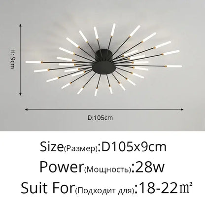 Gold Nordic LED Ceiling Light flush mount starburst fixture with black center and white LED rods on Tampa Home & Garden Store