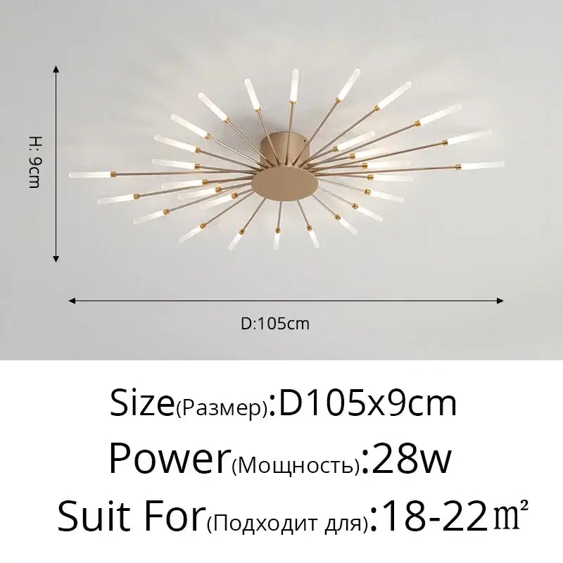 Decorbites Gold Nordic LED ceiling light, starburst with gold rods, 105cm dia 9cm high on Tampa Home & Garden Store