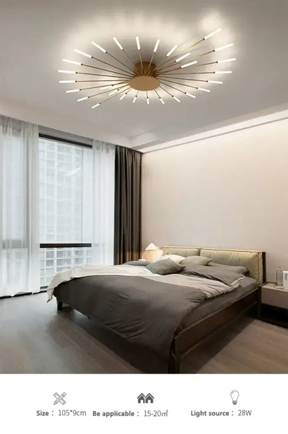 Gold Nordic LED ceiling light starburst flush mount with radiating rods for a modern bedroom on Tampa Home & Garden Store