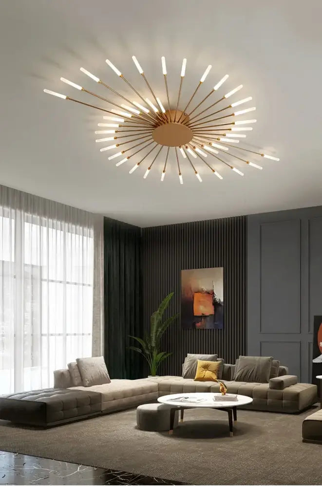 Gold Nordic LED ceiling light flush mount with a gold sunburst radiating spokes design on Tampa Home & Garden Store