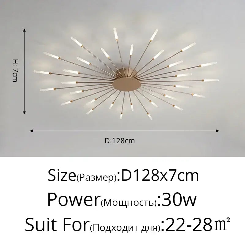 Gold Nordic LED ceiling light flush mount by Decorbites; starburst design with radial gold rods on Tampa Home & Garden Store