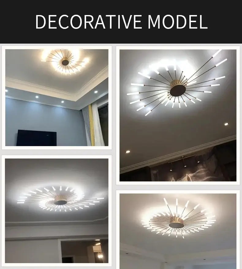 Gold Nordic LED ceiling light flush mount with sunburst spokes, Decorbites, 4-view collage on Tampa Home & Garden Store
